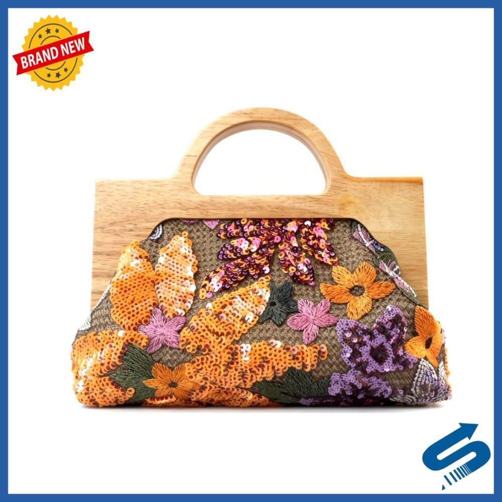 Floral Sequin Embroidery Evening Clutch with Wooden Handle for Wedding Party